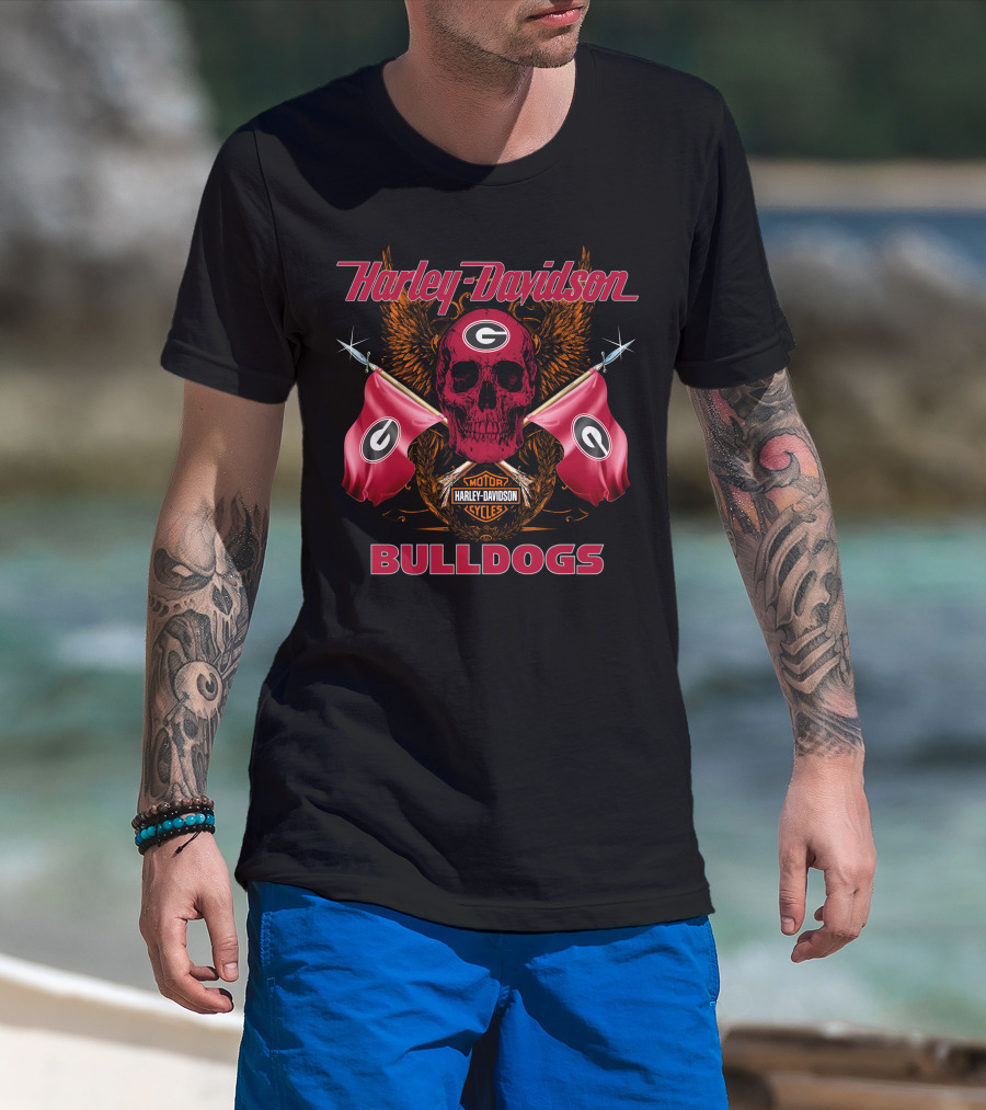Harley Davidson Bulldogs Georgia Skull Flags T-Shirt