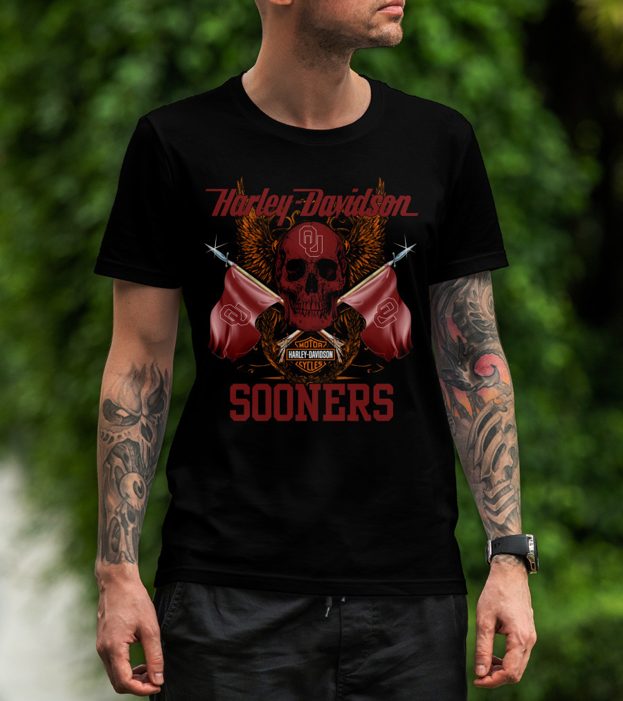 Harley Davidson Sooners Skull Flags Oklahoma University T-Shirt