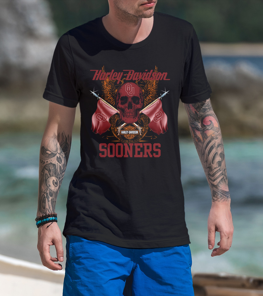 Harley Davidson Sooners Skull Flags Oklahoma University T-Shirt