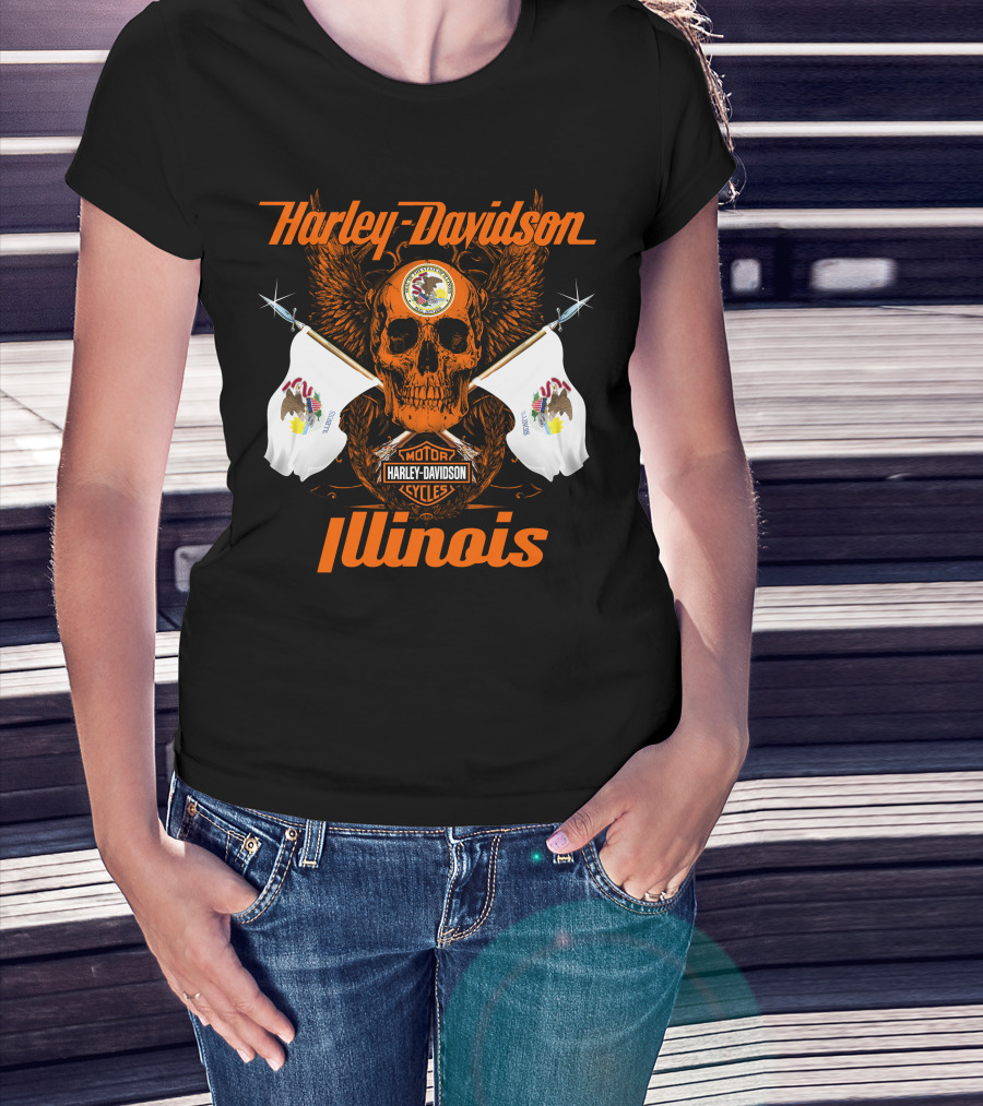 Harley Davidson Cycles Illinois Skull Wings Flags Motorcycles T-Shirt