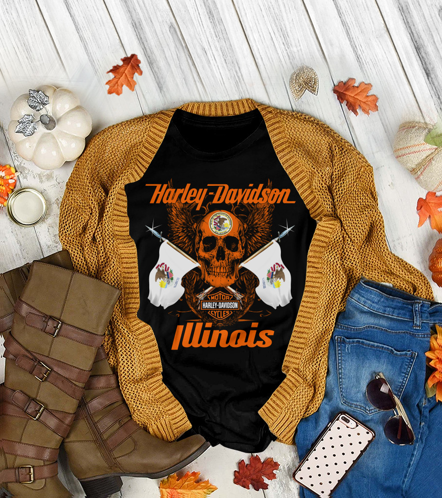 Harley Davidson Cycles Illinois Skull Wings Flags Motorcycles T-Shirt