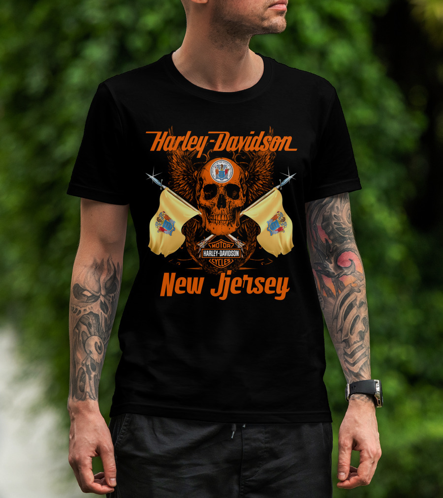 Harley Davidson New Jersey Skull Flags Motorcycle Cycles T-Shirt