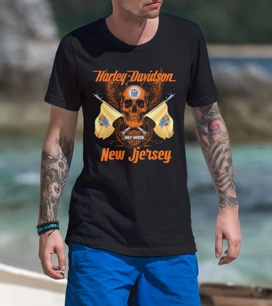 Harley Davidson New Jersey Skull Flags Motorcycle Cycles T-Shirt