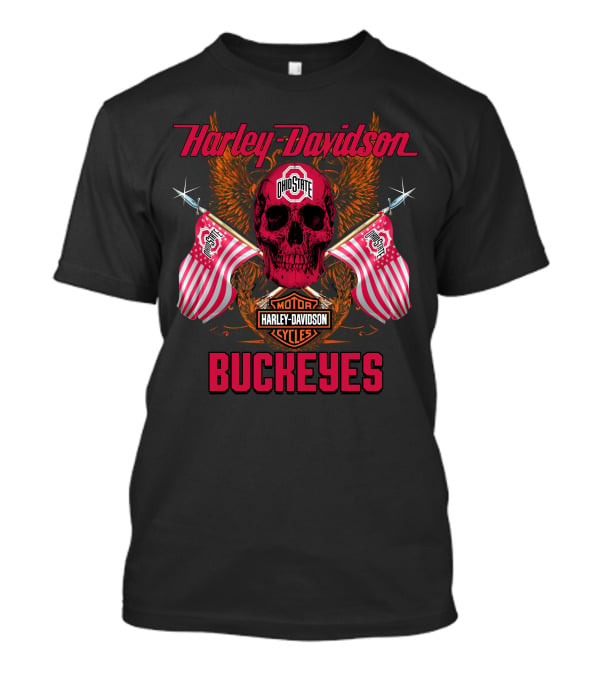 Harley Davidson Ohio State Buckeyes Motor Cycles Flags Skull T-Shirt