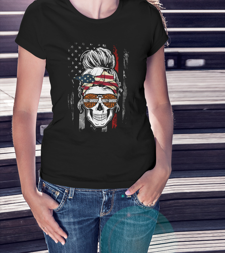 Harley Davidson Skull With American Flag Bandana And Sunglasses T-Shirt
