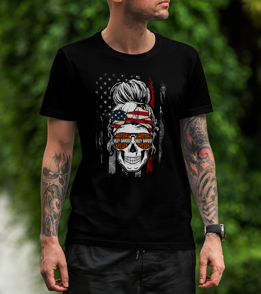 Harley Davidson Skull With American Flag Bandana And Sunglasses T-Shirt