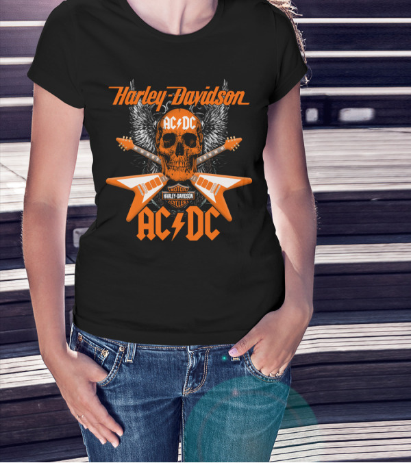 Harley Davidson Ac/Dc Skull Electric Guitar Motor Cycles T-Shirt