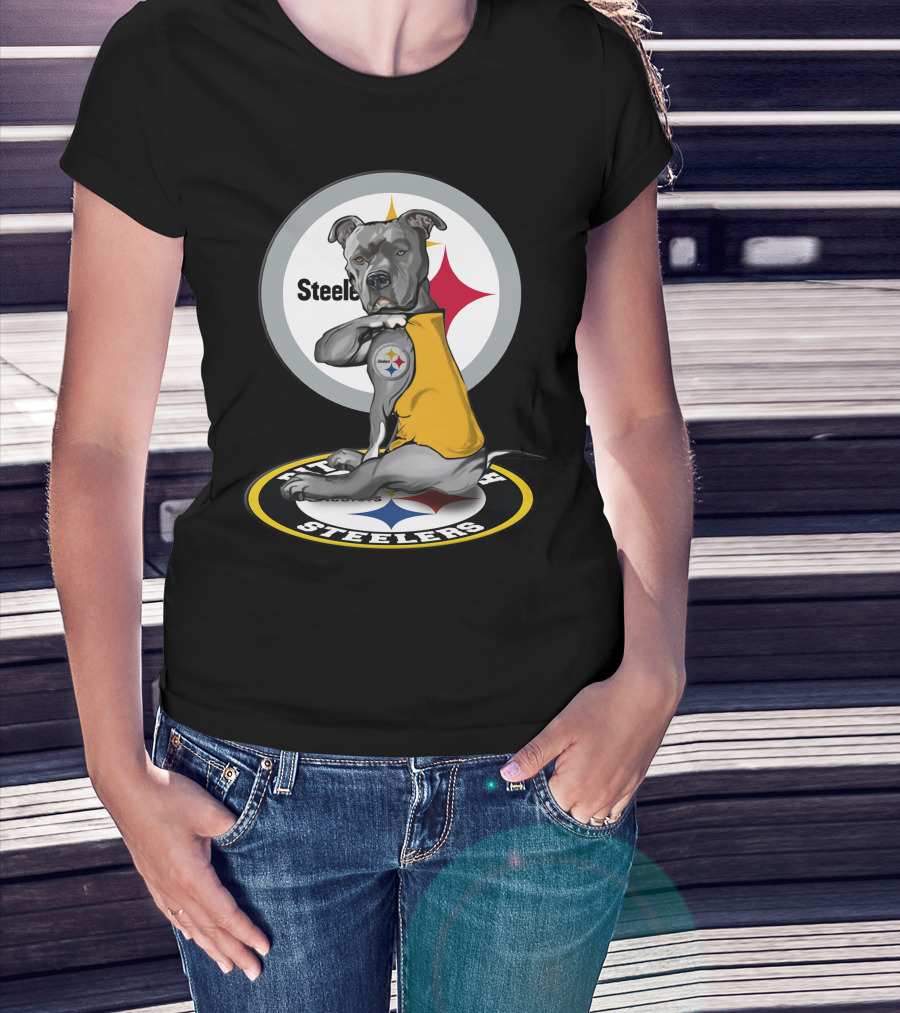 Pittsburgh Steelers Dog With Logo Tattoo And Yellow Vest T-Shirt