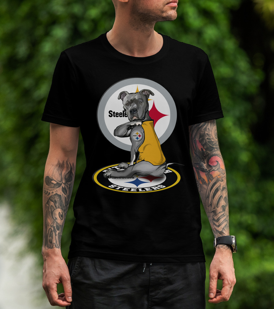 Pittsburgh Steelers Dog With Logo Tattoo And Yellow Vest T-Shirt