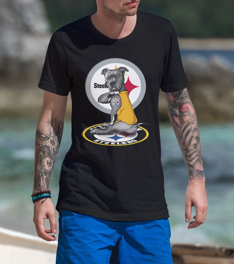 Pittsburgh Steelers Dog With Logo Tattoo And Yellow Vest T-Shirt