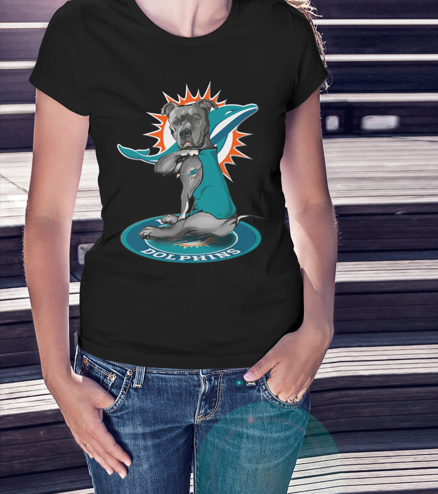 Miami Dolphins Dog With Logo Tattoo And Jersey T-Shirt
