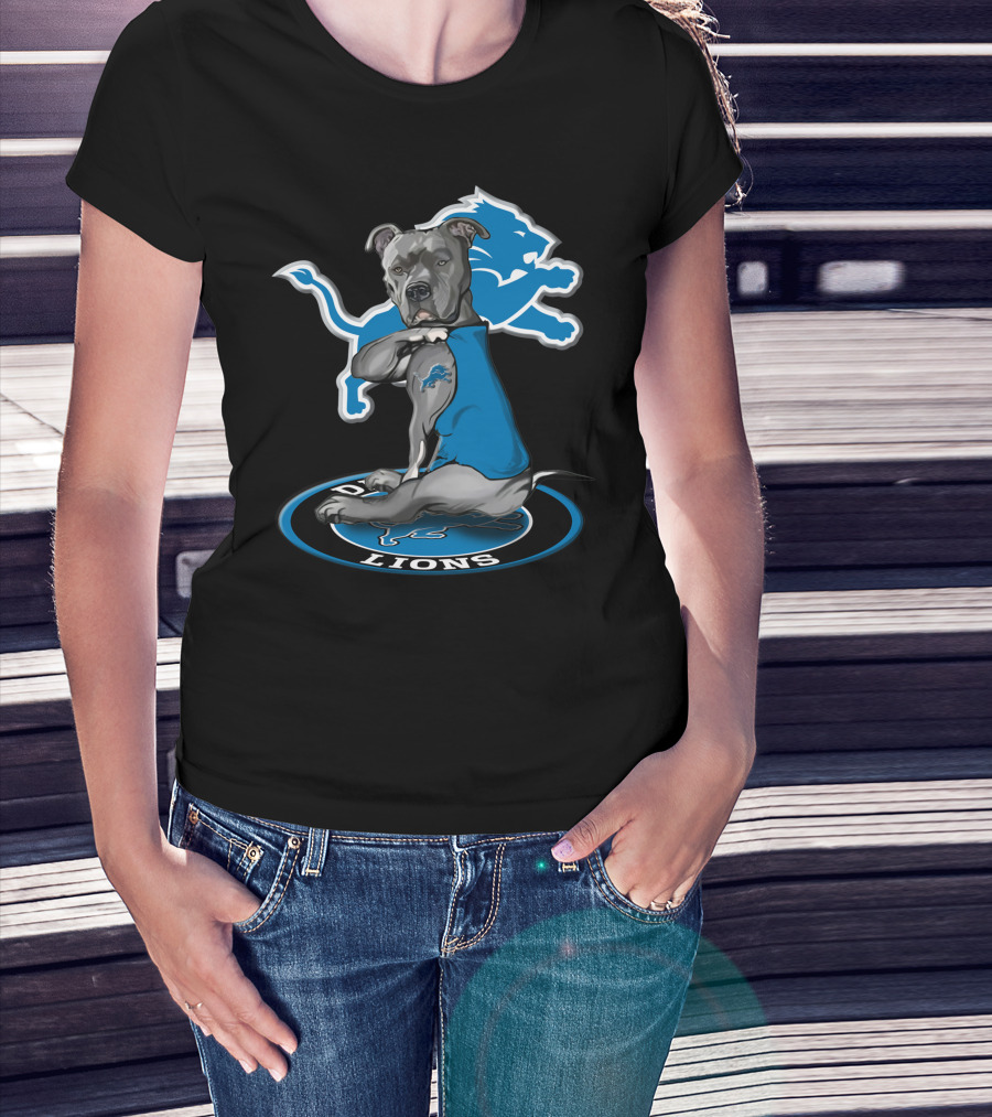 Detroit Lions Dog In Blue Jersey With Team T-Shirt