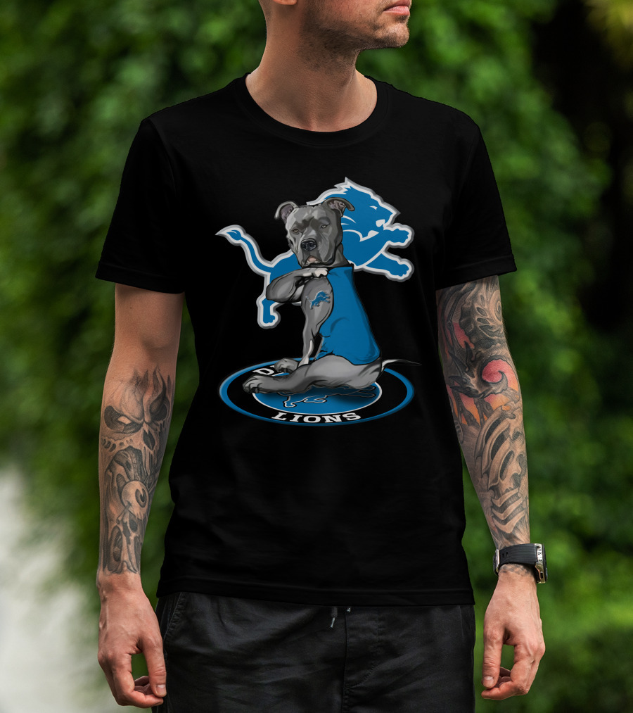 Detroit Lions Dog In Blue Jersey With Team T-Shirt