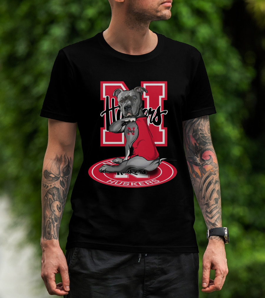 Nebraska Cornhuskers N Logo With Dog Wearing Red Husker T-Shirt