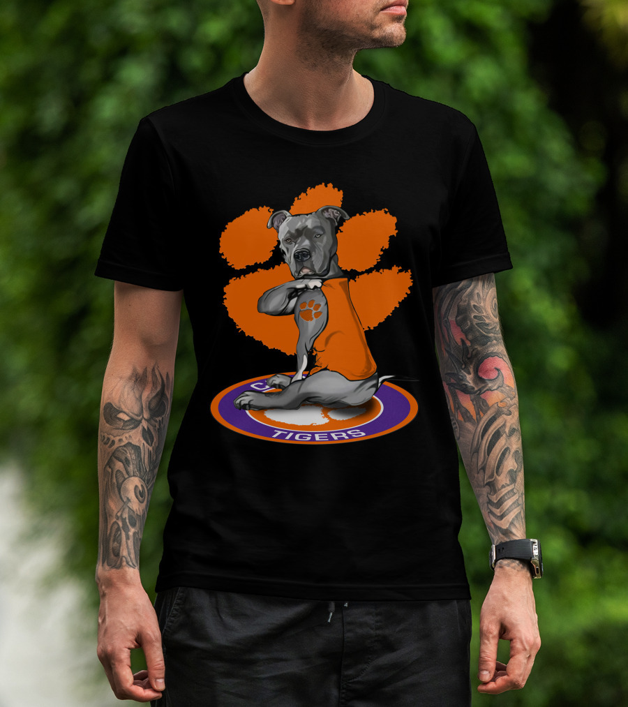 Clemson Tigers Dog With Paw Print Tattoo And Orange Vest T-Shirt
