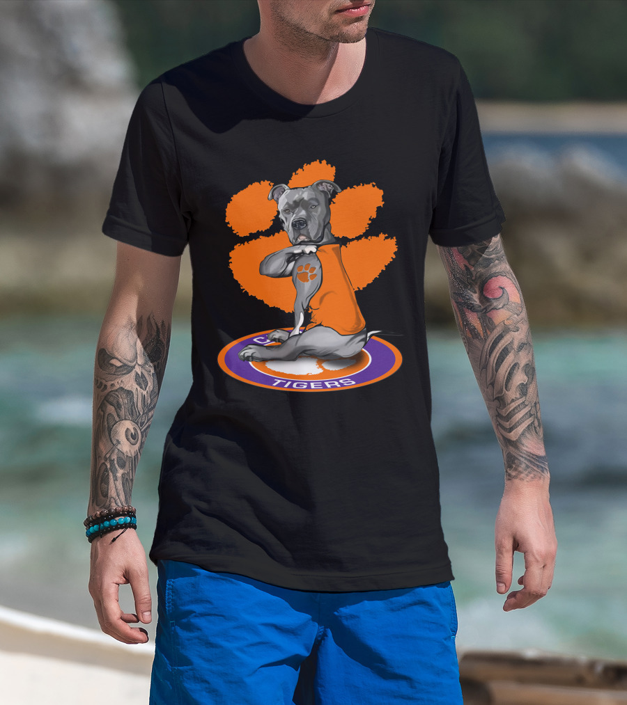 Clemson Tigers Dog With Paw Print Tattoo And Orange Vest T-Shirt