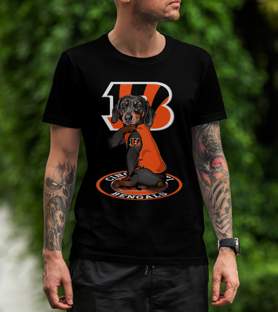 Cincinnati Bengals Dachshund In Team Jersey With Bengals T-Shirt