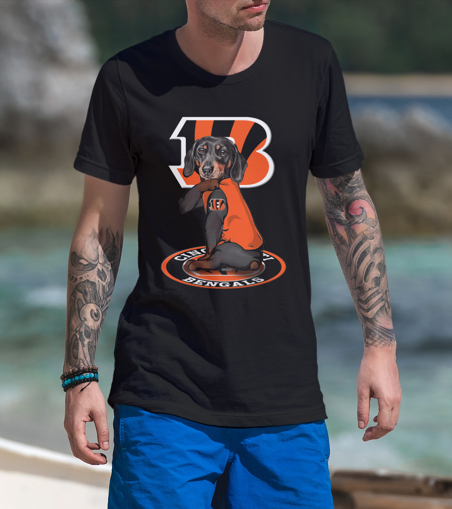 Cincinnati Bengals Dachshund In Team Jersey With Bengals T-Shirt