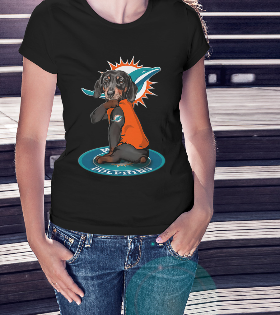 Miami Dolphins Dog Wearing Team Colors On T-Shirt