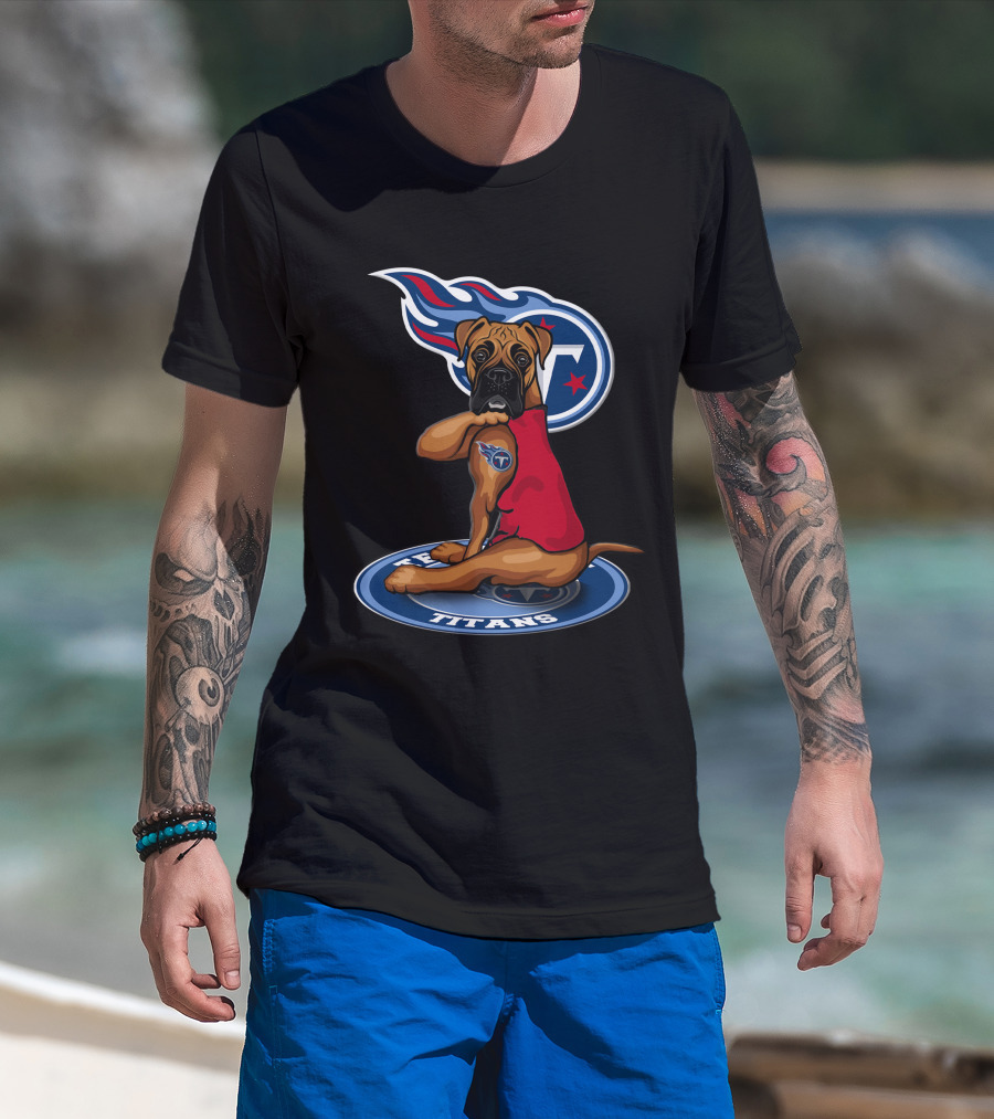 Tennessee Titans Boxer Dog With Logo And Red Jersey T-Shirt