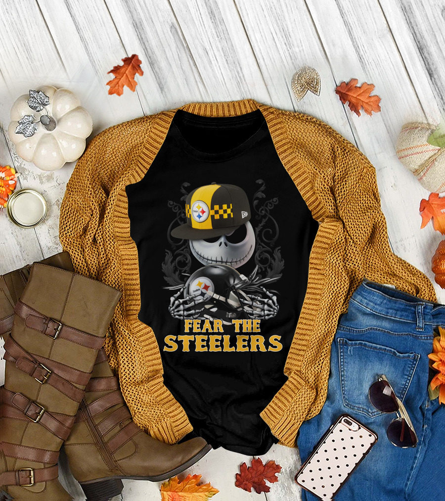 Fear The Steelers Pittsburgh Steelers Skeleton With Hat And Helmet T-Shirt