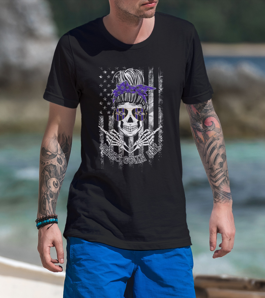 Haters Gonna Hate Skeleton Baltimore Ravens Fan With Bandana And Sunglasses T-Shirt
