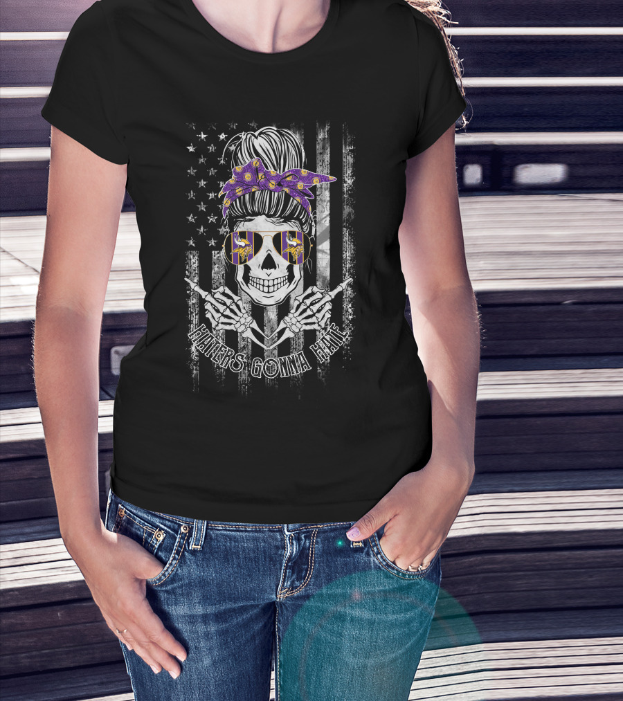Haters Gonna Hate Minnesota Vikings Skull With Bandana And Sunglasses American Flag T-Shirt