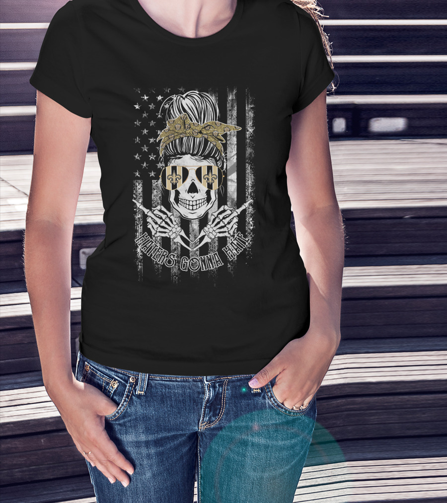 New Orleans Saints Skull Haters Gonna Hate Usa Flag Gold Bow Fleur-De-Lis Sunglasses T-Shirt