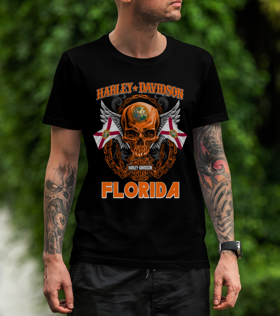 Harley Davidson Florida Skull With Chains And Florida Flags T-Shirt