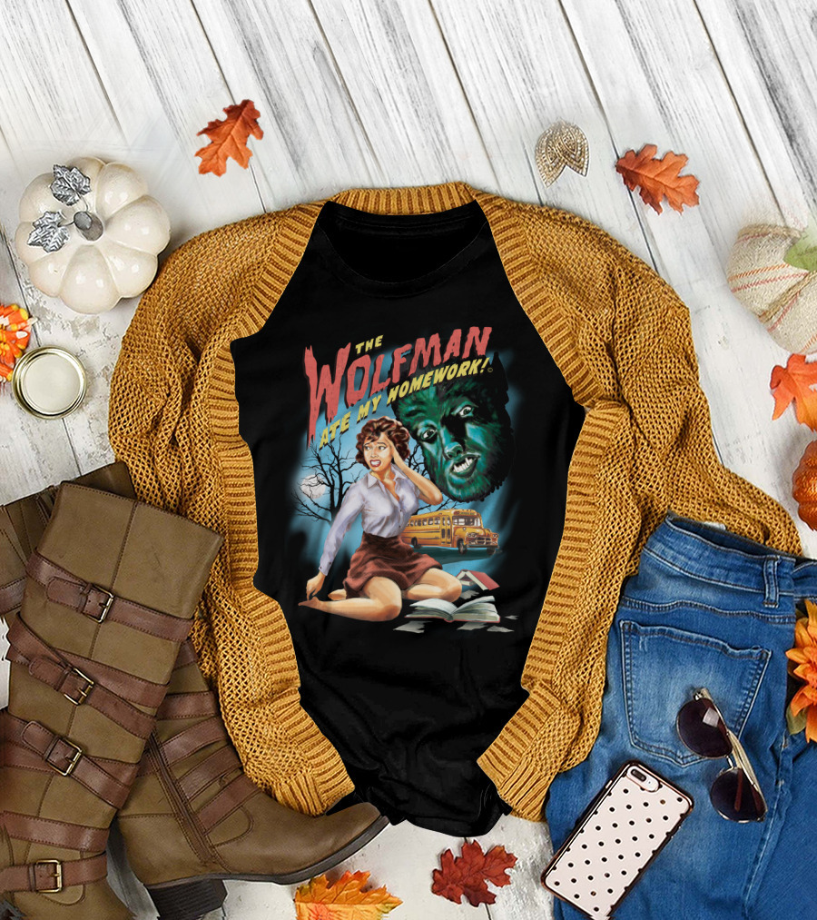 The Wolfman Ate My Homework Vintage Horror School Bus Scene T-Shirt