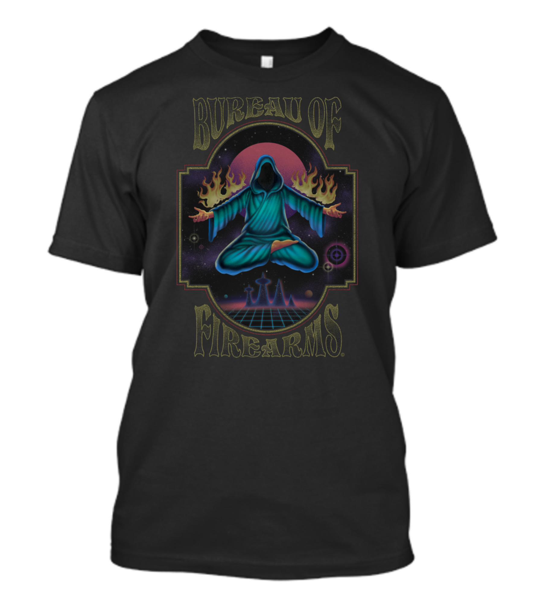Bureau Of Firearms Mystical Cloaked Figure With Flames And Cosmic Elements T-Shirt