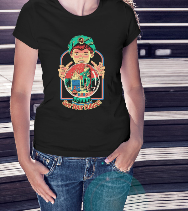 See Your Future Crystal Ball Hobo Fortune Teller With Turban And Campfire Scene T-Shirt