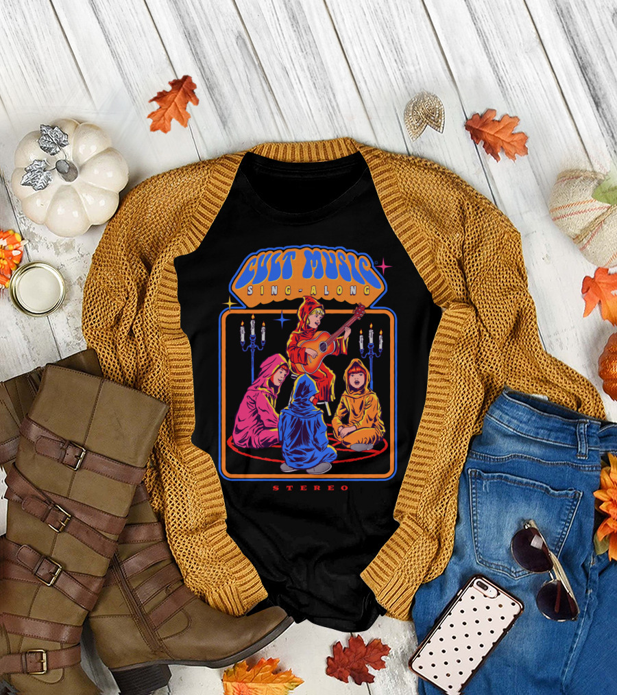 Cult Music Sing Along Stereo Group with Candles and Guitar in Vibrant Robes T-Shirt