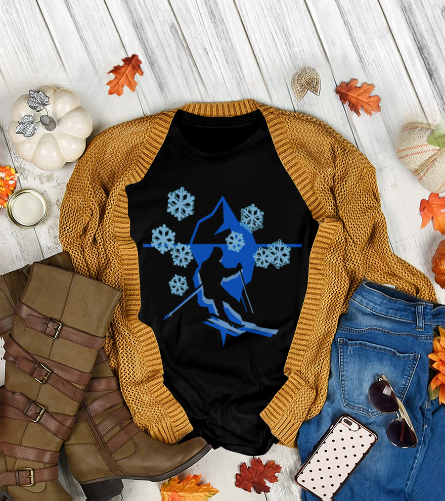 Skiing Silhouette with Snowflakes and Mountain Iceberg T-Shirt