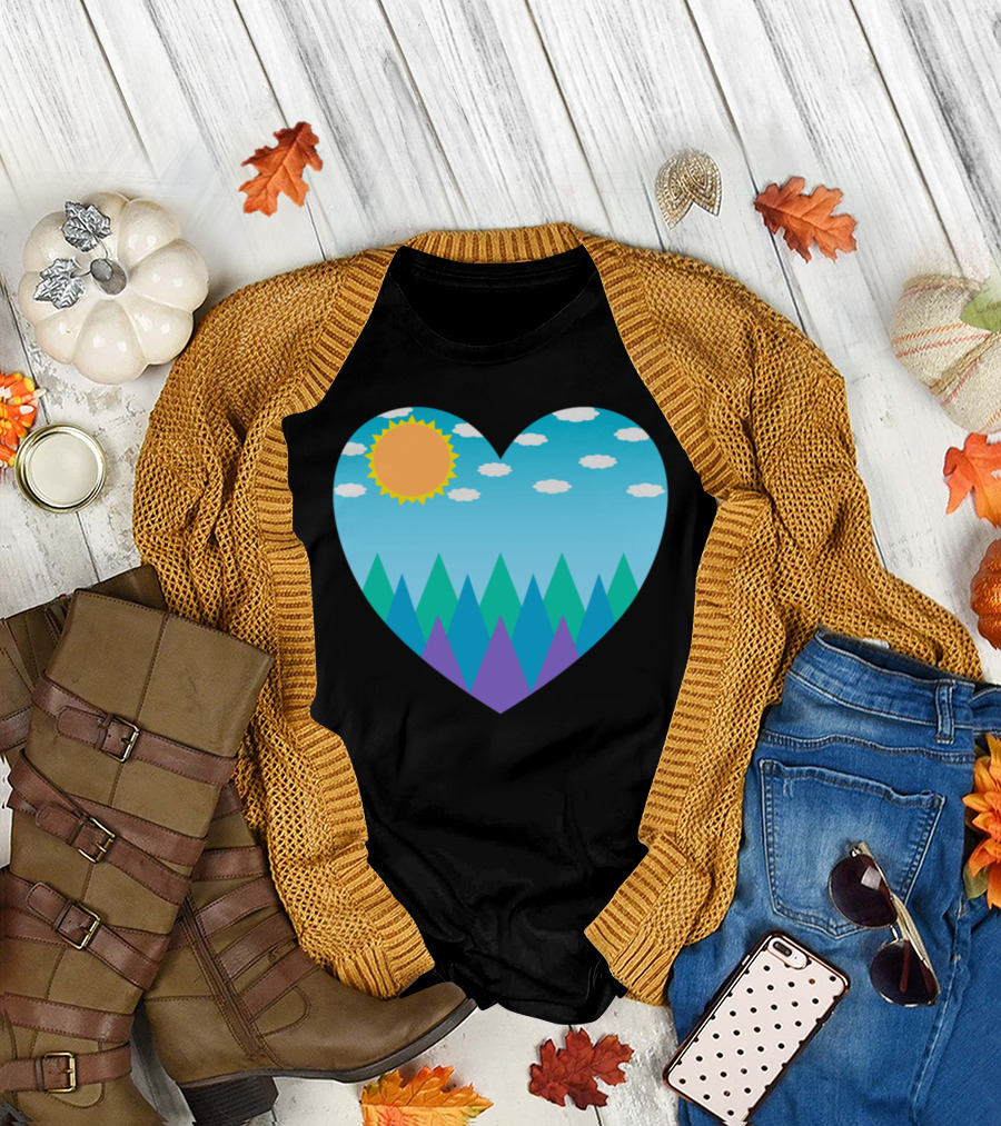 Heart Shaped Sunny Day with Mountains and Clouds T-Shirt