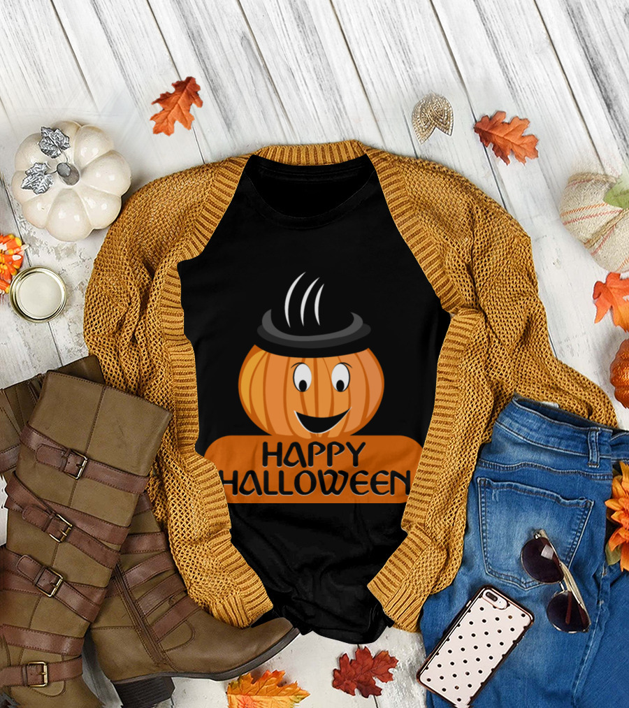 Happy Halloween Pumpkin Present Witch Hat Face T-Shirt