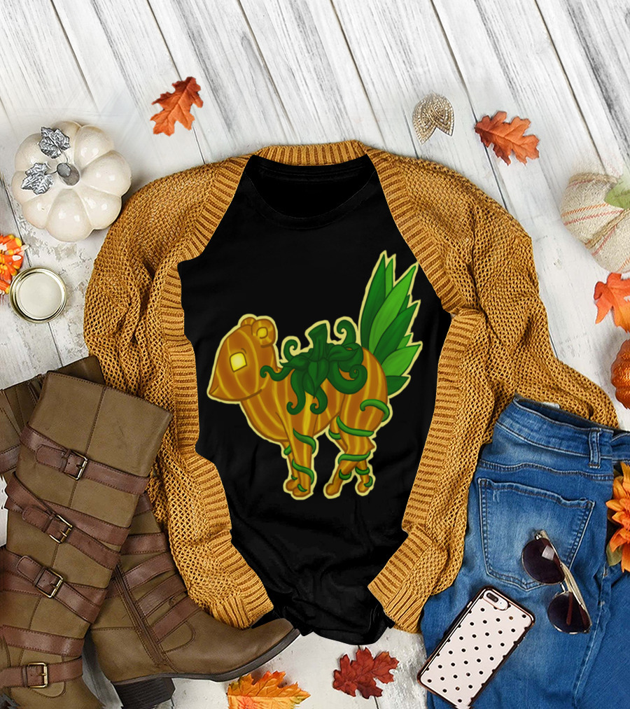 Jumping Pumpkin Monster Creature with Green Vines and Leaves T-Shirt