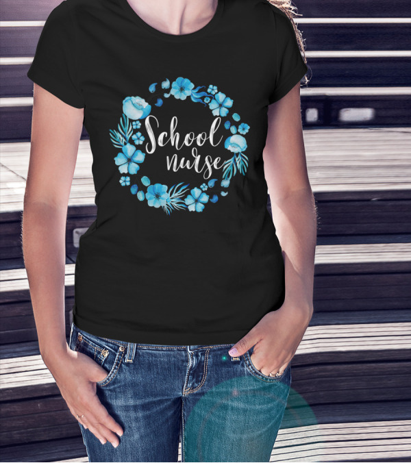 School Nurse Blue Floral Circle T-Shirt