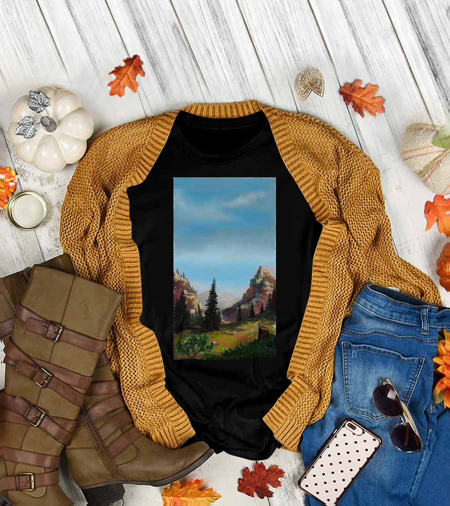 Scenic Mountain Ridge Landscape with Pine Trees and Blue Sky T-Shirt