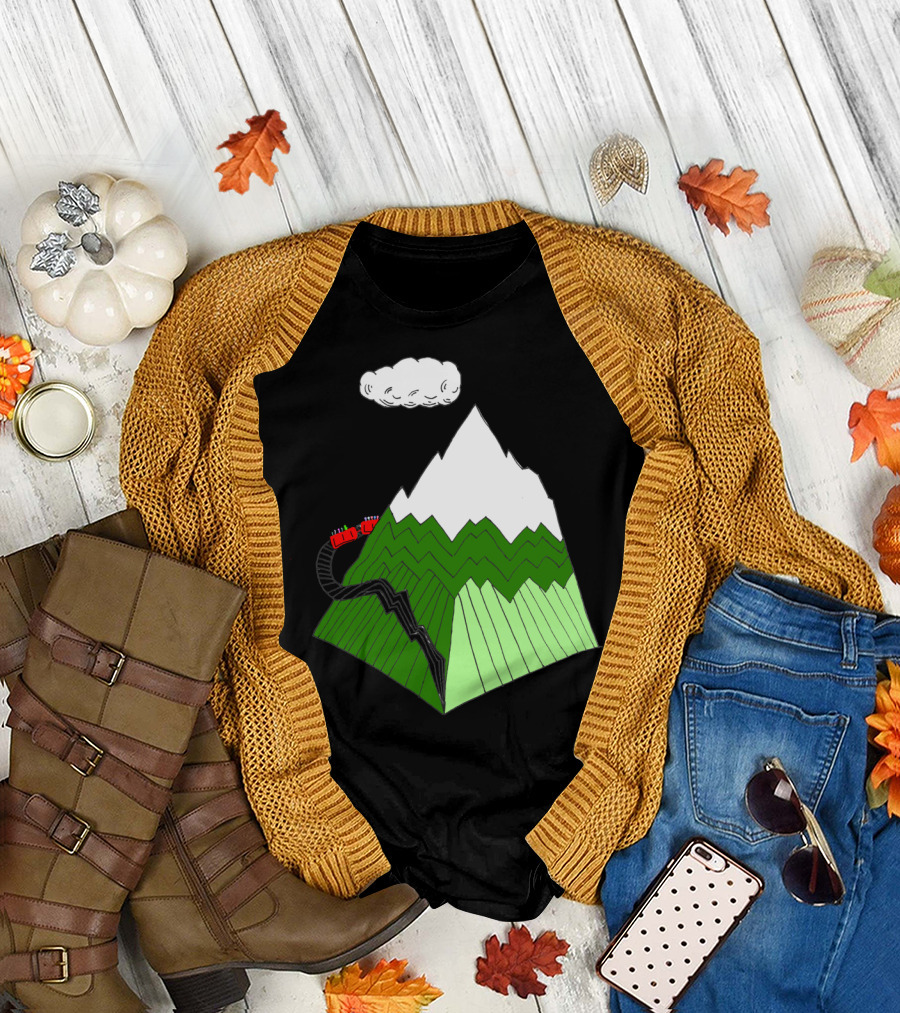 Ascending Snowy Mountain with Cloud and Red Train Around Peak T-Shirt