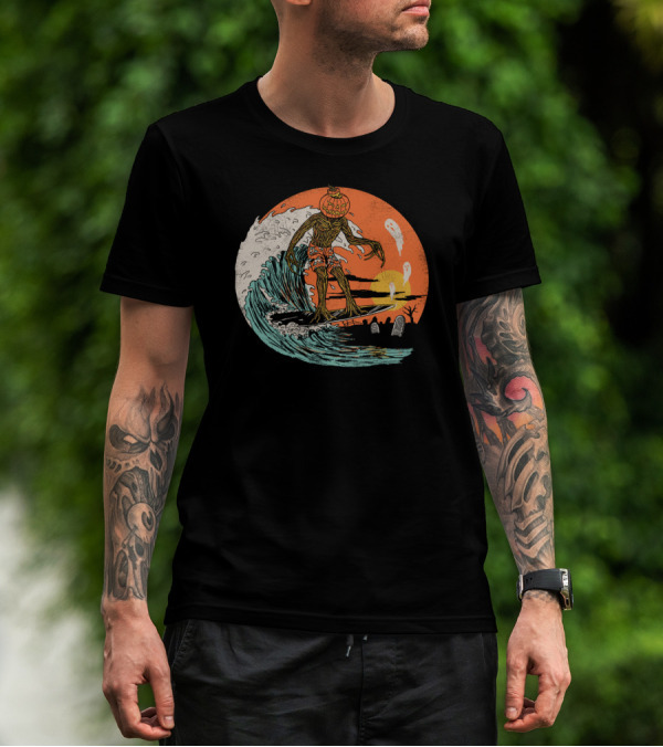 Carve The Wave Halloween Pumpkin Ghost Surfer On Spooky Sunset Ocean Scene T-Shirt