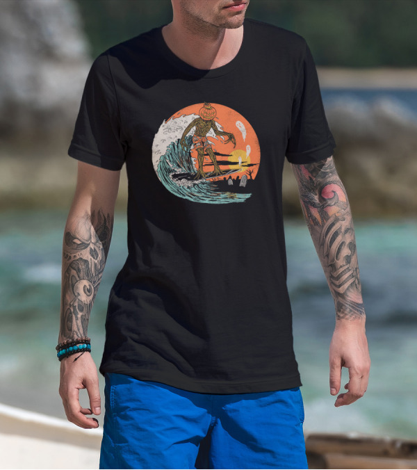 Carve The Wave Halloween Pumpkin Ghost Surfer On Spooky Sunset Ocean Scene T-Shirt