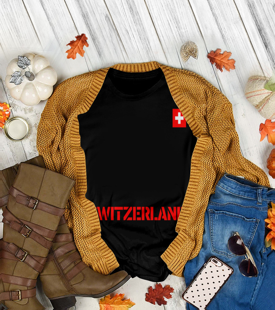 Switzerland Mountains Gondola Skier with Swiss Flag T-Shirt