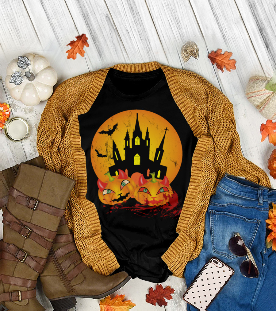 Castle with Pumpkin Haunted Halloween Moon and Devil Pumpkins T-Shirt
