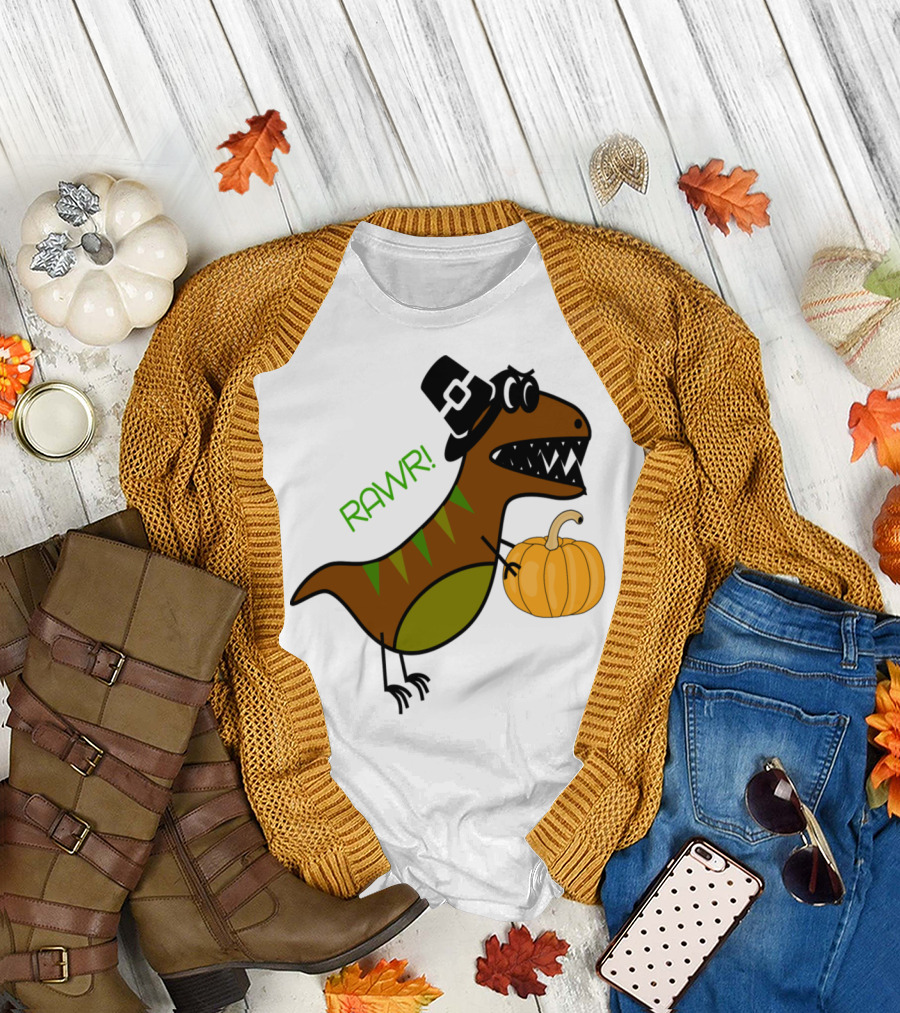 RAWR Pumpkin Dino with Pilgrim Hat T-Shirt