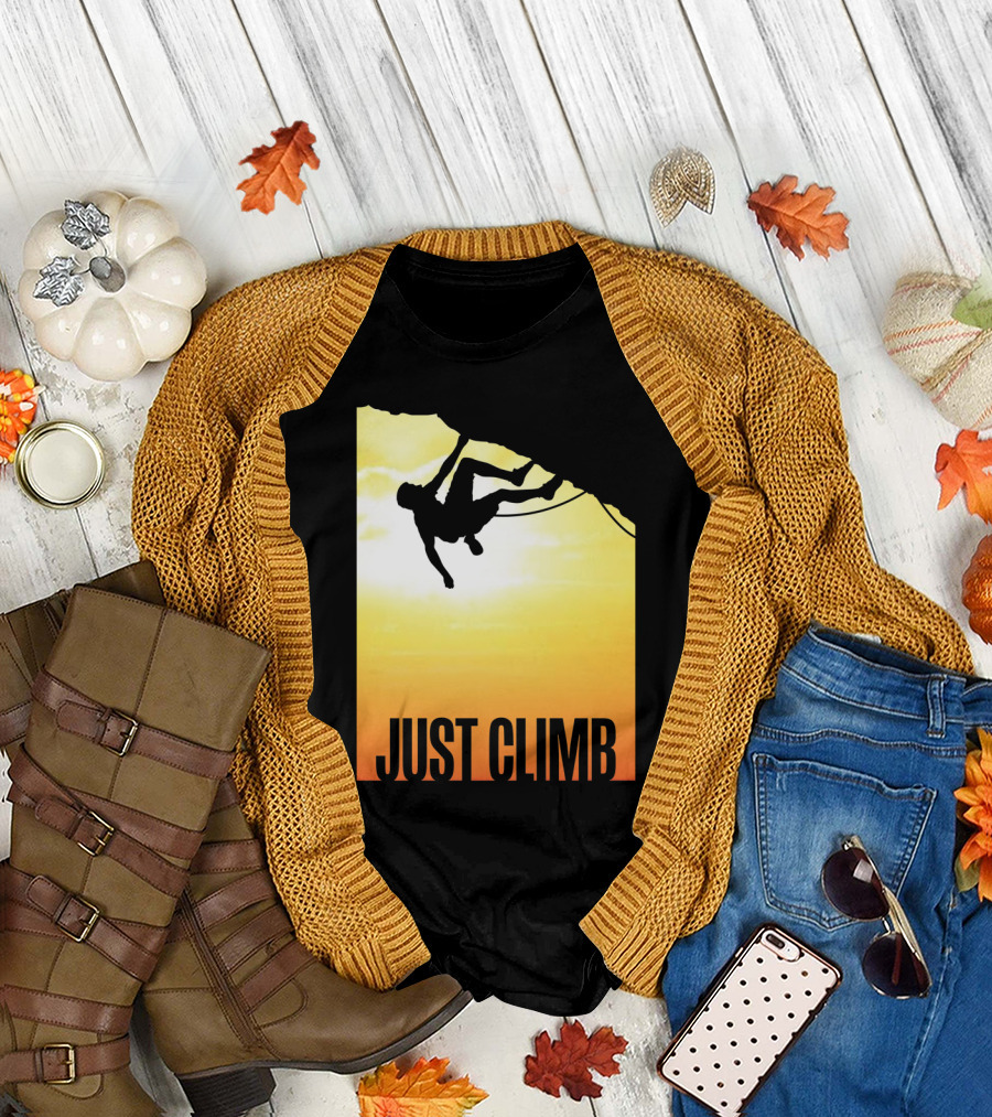 Just Climb Silhouette Against Sunset Cliff Edge Adventure T-Shirt