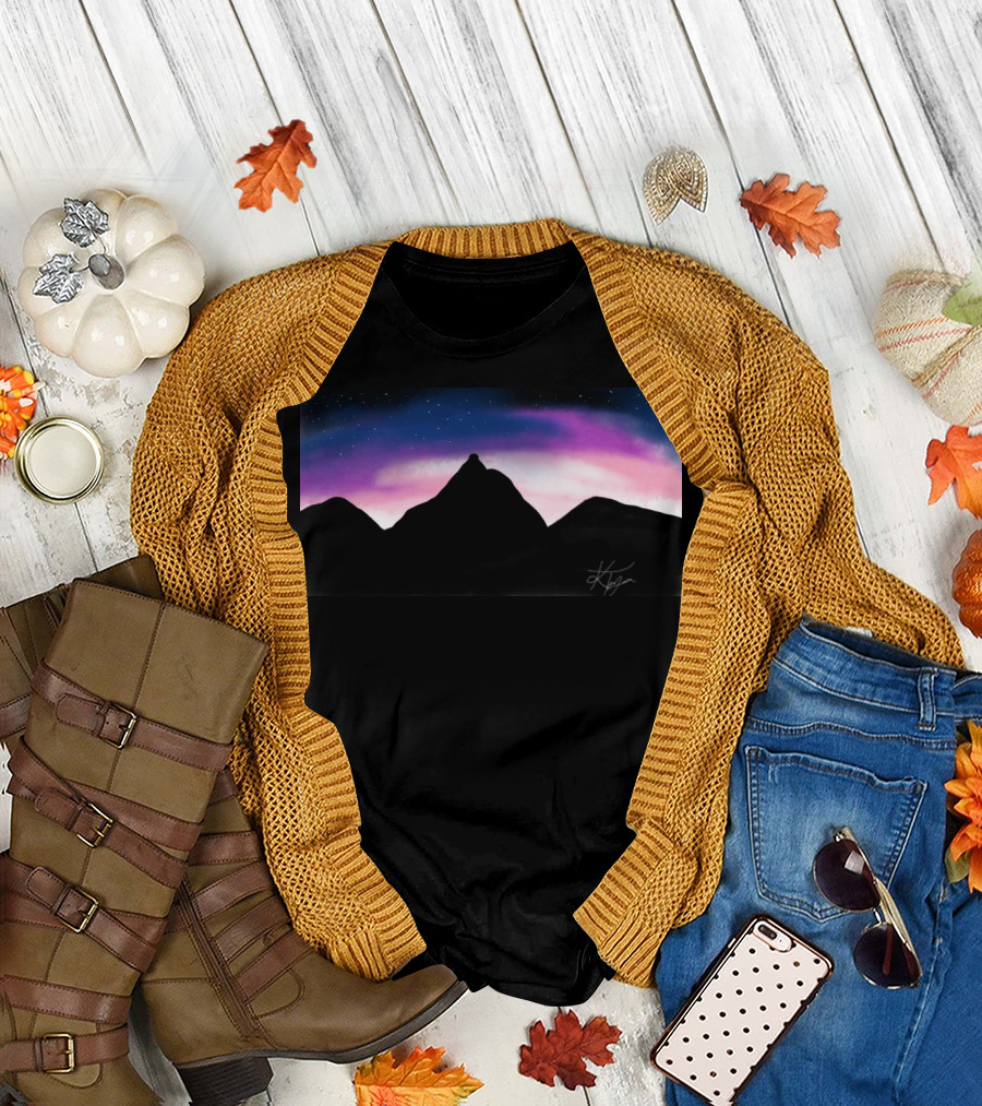 Mountain Space Night Sky Silhouette with Aurora and Stars T-Shirt