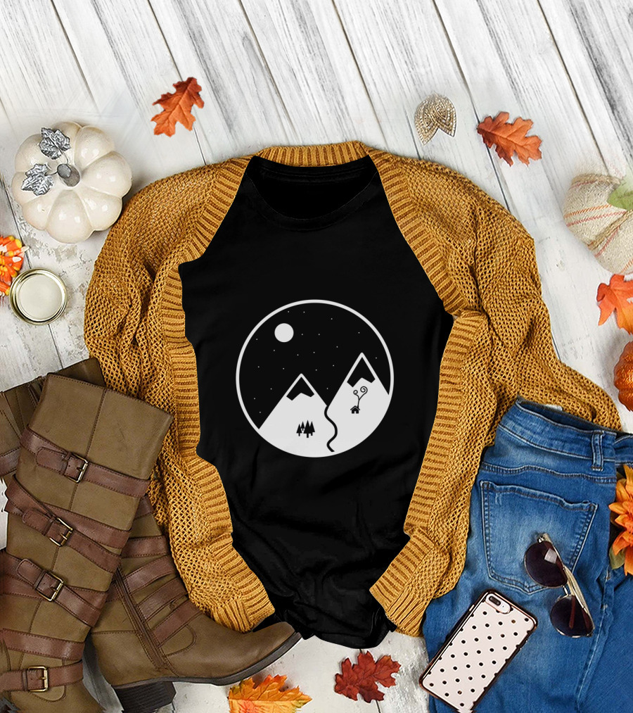 Snowy Night Serenity: Minimalist Mountain Scene with Moon and Starry Sky T-Shirt