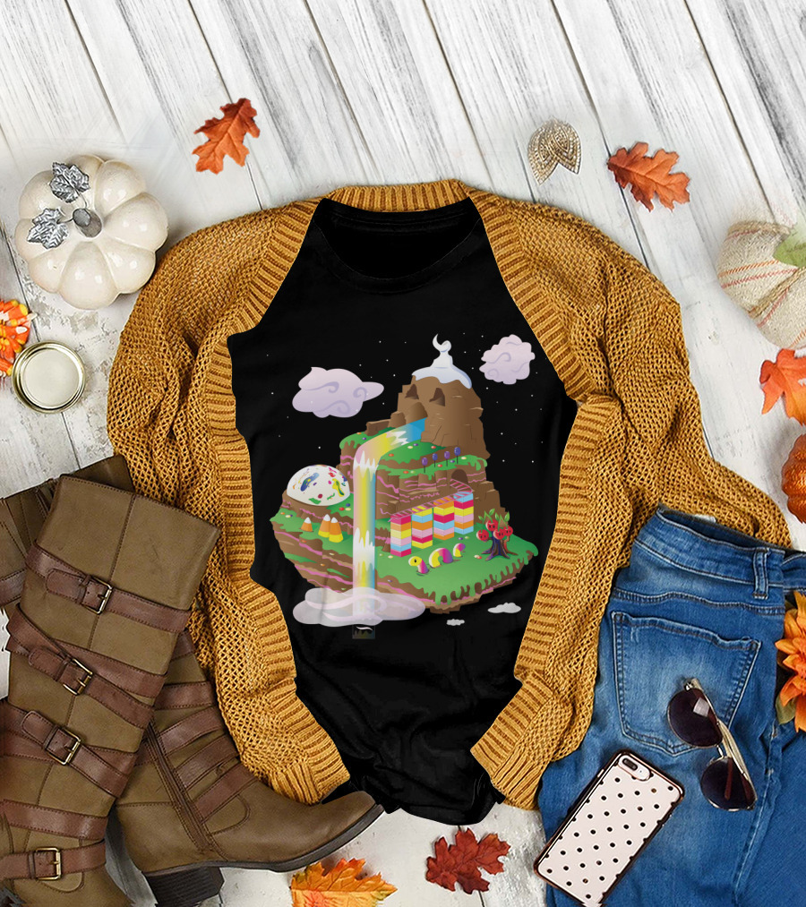 Candy Mountain Fantasy Scene with Colorful Waterfall, Clouds, and Candy Elements T-Shirt