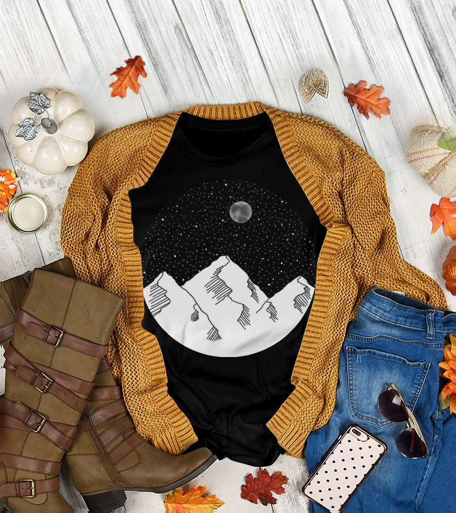 Starry Night Sky Over Snowy Mountains with Moon T-Shirt